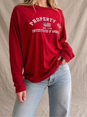 Vintage Americana Long Sleeve Tee 🇺🇸 Red Graphic Shirt 100% Cotton XL